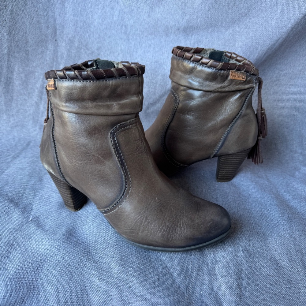 Pikolinos Taupe Brown Leather Tassel Whipstitch Ankle Boots EU 39 Mid Block Heel
